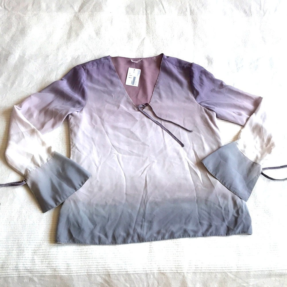 𝅺ecru Ombré Silk Bell Sleeve Top with Ties Size Medium